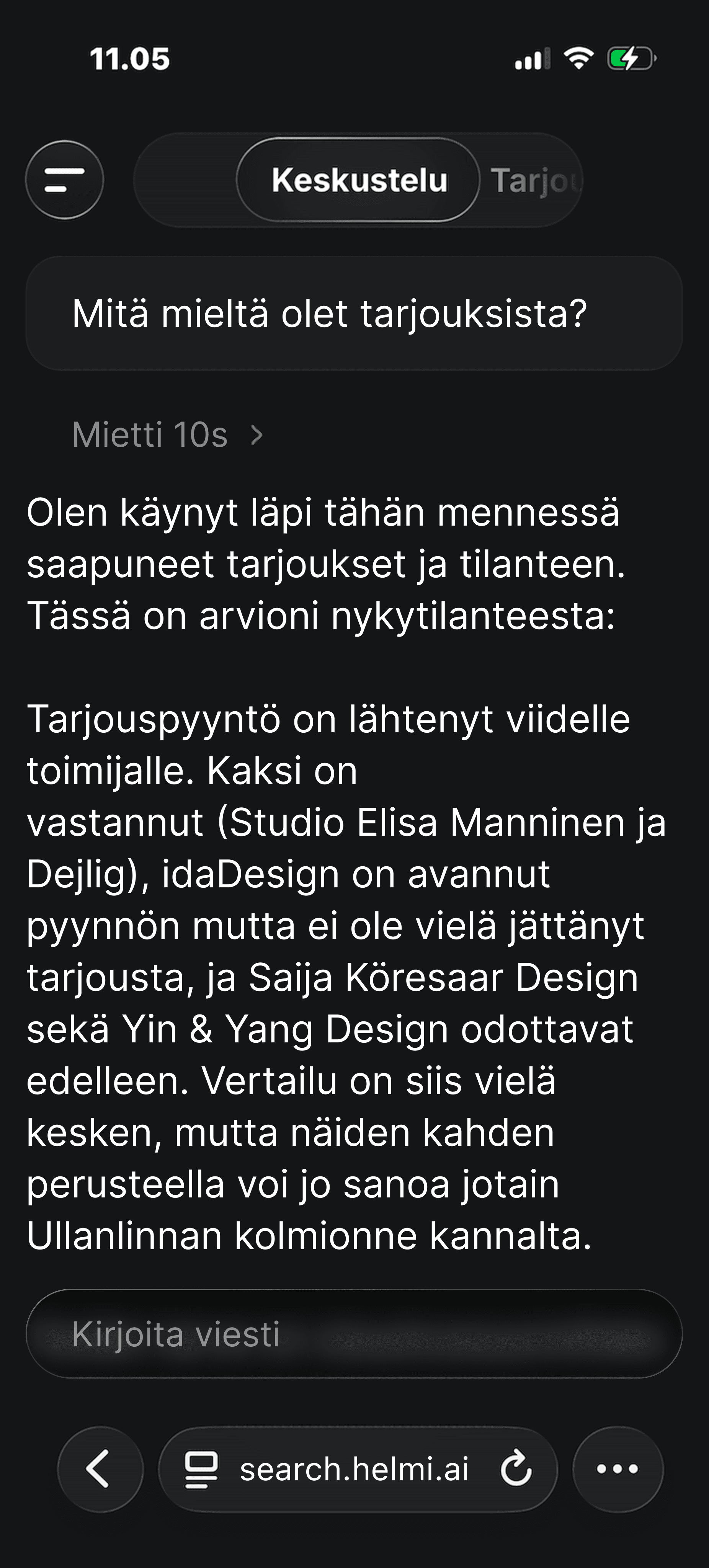 Keskustelu saapuneista tarjouksista Helmin chatissa