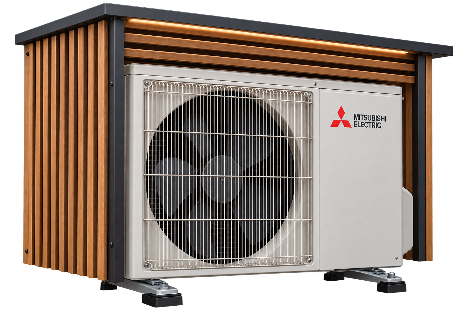 Mitsubishi Electricin ilmalämpöpumpun ulkoyksikkö puisessa, rimoitetussa suojakotelossa.