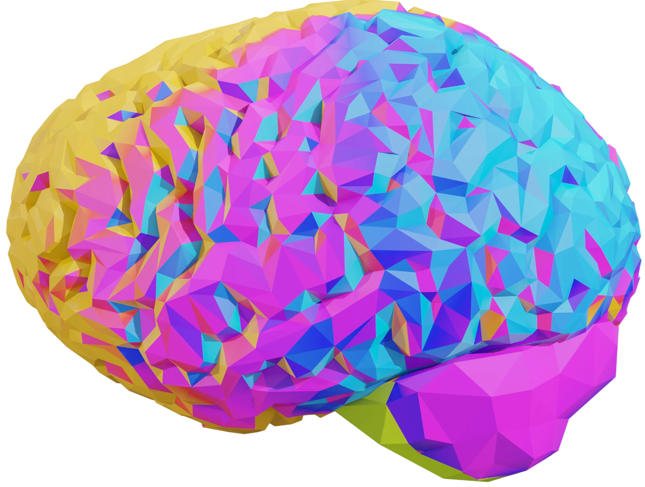 Ihmisaivon polygoninen 3D-malli, joka on renderöity monivärisenä keltaisen, pinkin ja sinisen sävyillä.